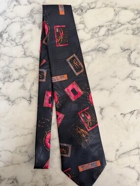 Vintage Jordache Pistage Stamp Navy Tie with Pink and Orange Geometric Decor